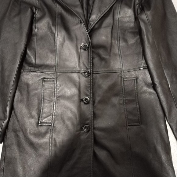 VTG C&A Jacket Women 14 Black Nappa Leather Trench Coat Long Leg Slit Steampunk - Picture 12 of 16